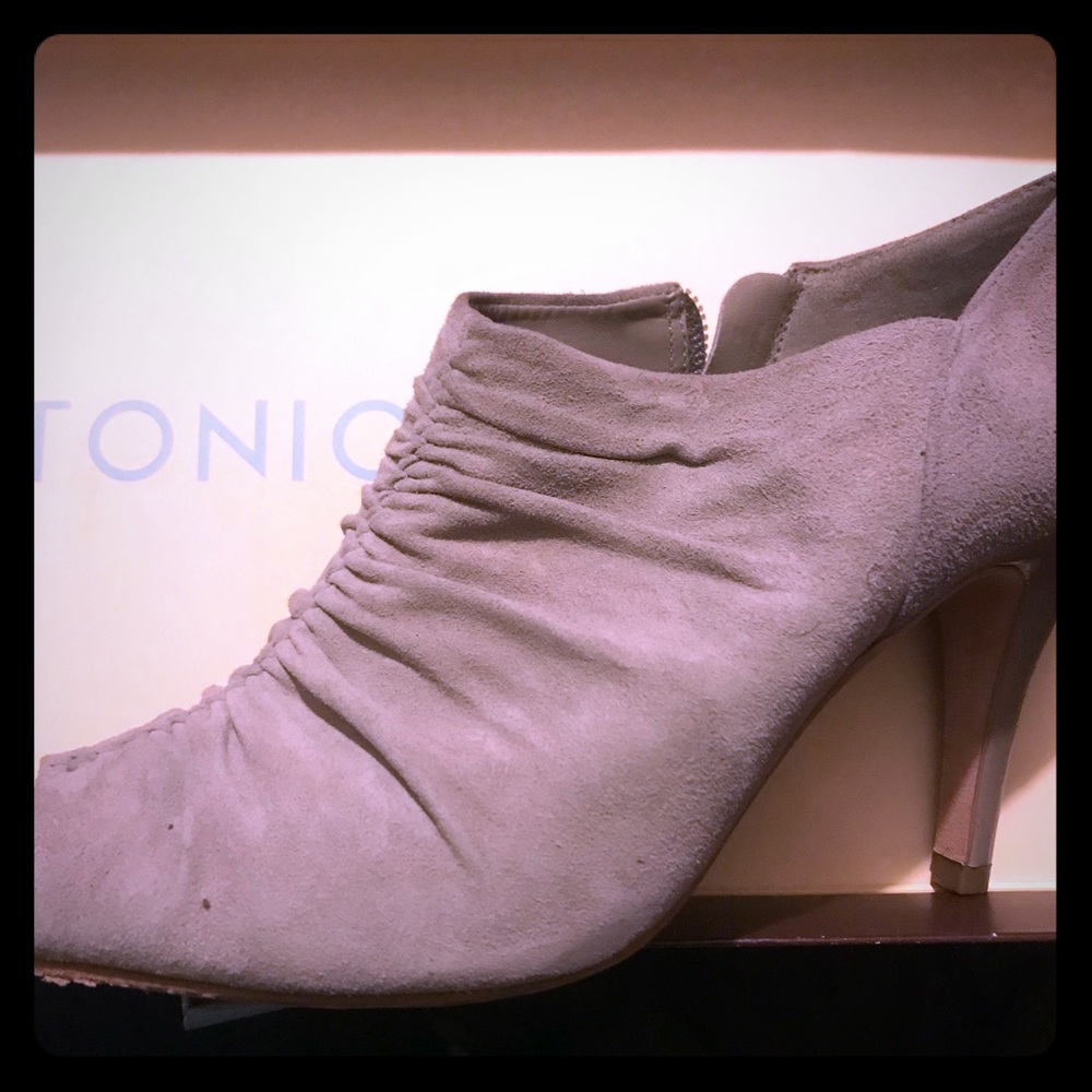 Antonio Melani Grey Suede Open Toe Booties